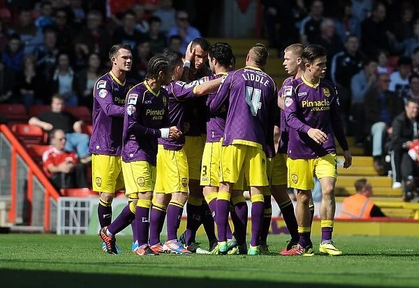 Celebrating the Upset: Notts County's Haydn Hollis and Team Mates Rejoice After Score against Bristol City