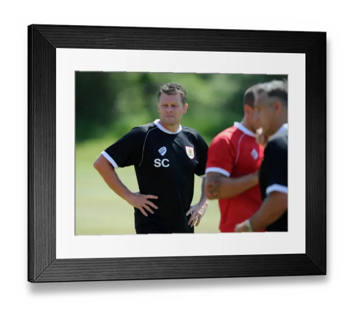 Framed Print : Steve Cotterill Leading Training Session at Bristol City Football Club, July 2014