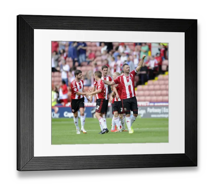 Framed Print : Sheffield United's Michael Higdon Celebrates Goal in Sky Bet League One Opener Against Bristol City