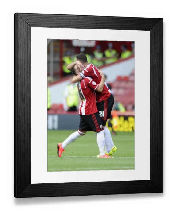 Framed Print : Sheffield United's Michael Higdon and Ben Davis Celebrate Goal on Opening Day of League One: Sheffield United vs. Bristol City (August 9, 2014)