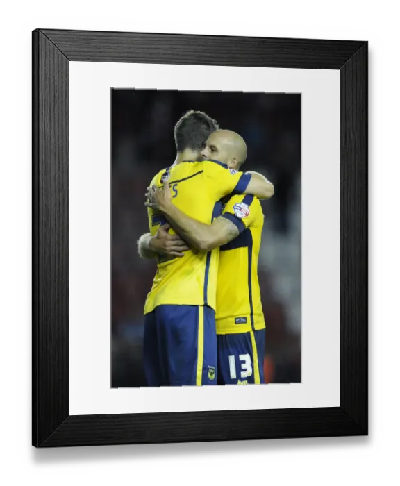 Framed Print : David Hunt and Jonathan Meades Celebrate Oxford United's Late Win over Bristol City Framed Print : David Hunt and Jonathan Meades Celebrate Oxford United's Late Win over Bristol City