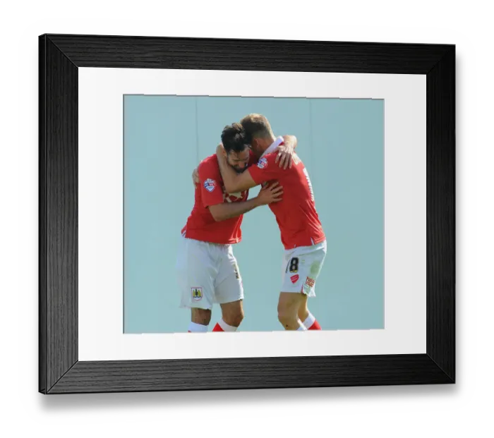 Framed Print : Bristol City Celebrates: Wilbraham and Cunningham's Goal Scoring Moment (Bristol City vs Colchester United, 2014) Framed Print : Bristol City Celebrates: Wilbraham and Cunningham's Goal Scoring Moment (Bristol City vs Colchester United, 2014)