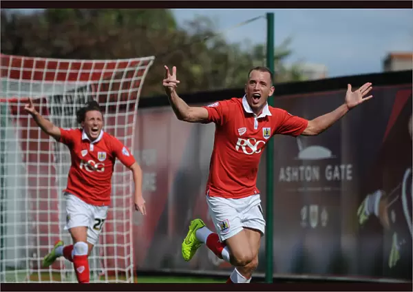 Aaron Wilbraham's Thrilling Goal Celebration: A Memorable Moment at Ashton Gate, Bristol City vs Colchester United, Sky Bet League One, 2014