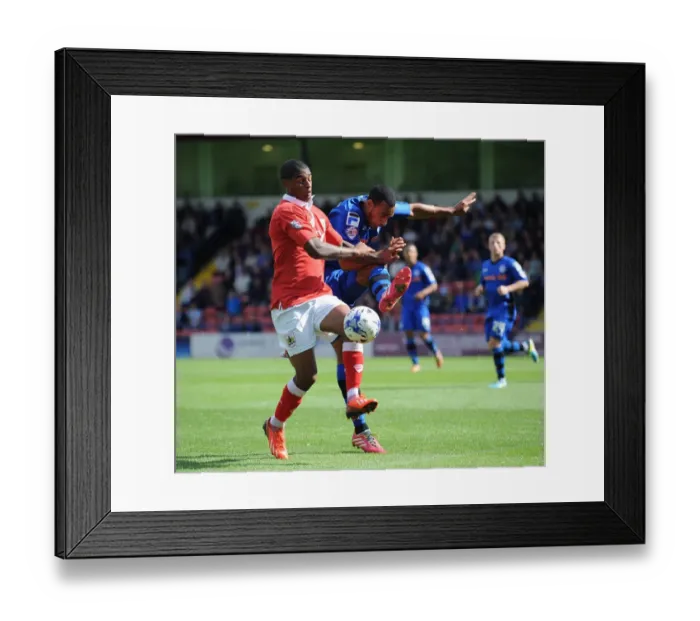 Framed Print : Bristol City's Mark Little Shuts Down Rhys Bennett of Rochdale - Football Rivalry at Spotland Stadium (August 2014)