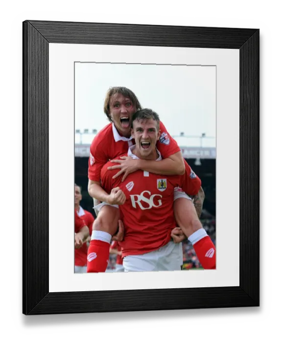 Framed Print : Triumphant Threesome: Aden Flint, Luke Ayling, and Derrick Williams Euphoric Goal Celebration for Bristol City against Scunthorpe United (September 6, 2014)