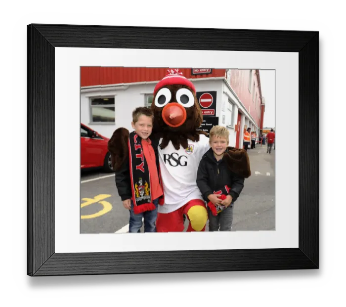 Framed Print : Young Fans Meet Scrumpy, the Bristol City Mascot at Ashton Gate Framed Print : Young Fans Meet Scrumpy, the Bristol City Mascot at Ashton Gate