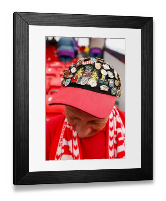Framed Print : Bristol City Fan's Hat of Pin Badges at Fleetwood Town Match, 2014 Framed Print : Bristol City Fan's Hat of Pin Badges at Fleetwood Town Match, 2014