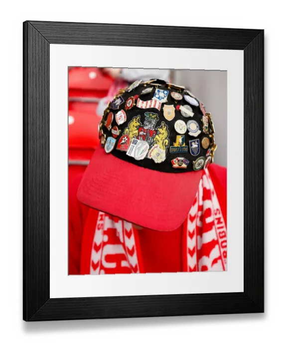 Framed Print : Bristol City Fan's Hat Embellished with Pin Badges at Fleetwood Town Match, 2014 Framed Print : Bristol City Fan's Hat Embellished with Pin Badges at Fleetwood Town Match, 2014