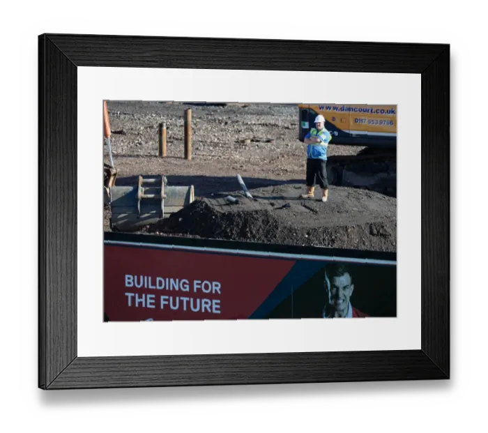 Framed Print : Builder's Watchful Eye Over Bristol City vs Chesterfield Football Match, Ashton Gate, 2014