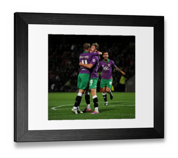 Framed Print : Bristol City's Wes Burns and Scott Wagstaff Celebrate Goal in Johnstone's Paint Trophy Match against Cheltenham Town Framed Print : Bristol City's Wes Burns and Scott Wagstaff Celebrate Goal in Johnstone's Paint Trophy Match against Cheltenham Town