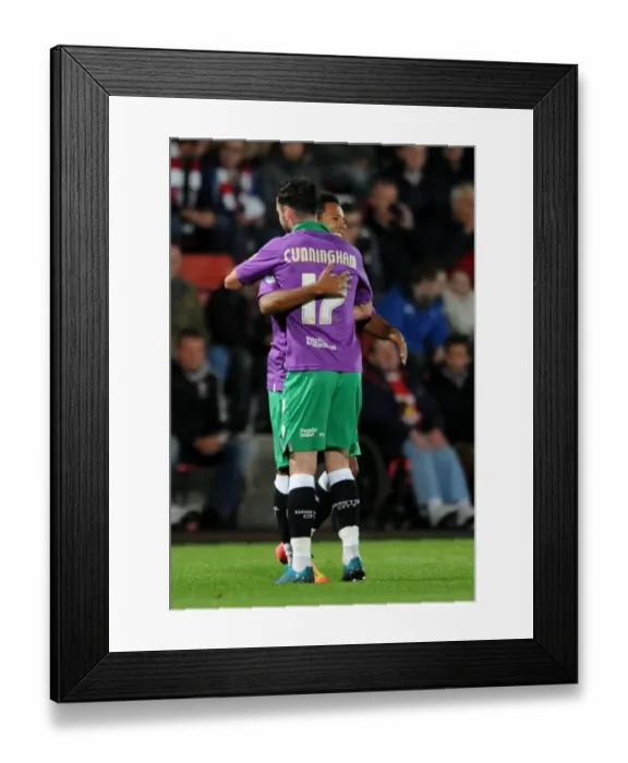 Framed Print : Bristol City's Korey Smith and Greg Cunningham Celebrate Goal in Johnstone's Paint Trophy Match against Cheltenham Town Framed Print : Bristol City's Korey Smith and Greg Cunningham Celebrate Goal in Johnstone's Paint Trophy Match against Cheltenham Town