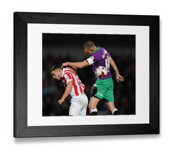 Framed Print : Aaron Wilbraham vs. Lee Vaughan: Heading Battle at Abbey Business Stadium - Cheltenham Town vs. Bristol City, Johnstone's Paint Trophy