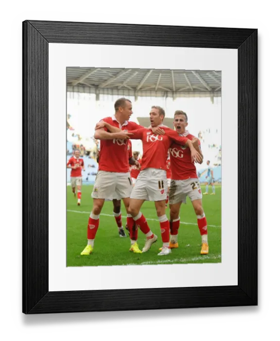 Framed Print : Bristol City's Unforgettable Goal Celebration: Wagstaff, Wilbraham, and Bryan's Triumph at Ricoh Arena (Sky Bet League One)