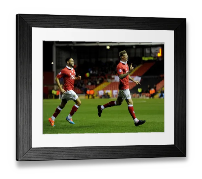 Framed Print : Double Trouble: Unstoppable Celebration of Aden Flint and Derrick Williams Brace, Bristol City vs. Bradford City (2014) Framed Print : Double Trouble: Unstoppable Celebration of Aden Flint and Derrick Williams Brace, Bristol City vs. Bradford City (2014)