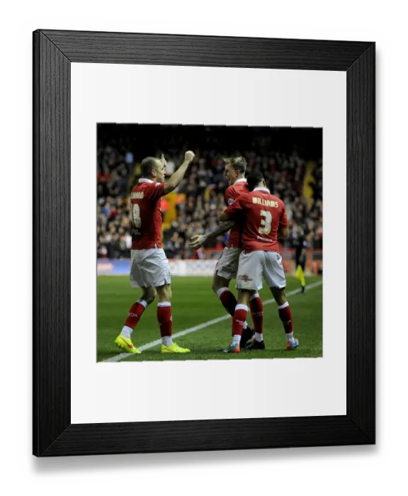 Framed Print : Triumphant Threesome: Aden Flint, Derrick Williams, and Aaron Wilbraham Celebrate Double Delight for Bristol City Against Bradford City
