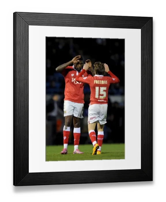 Framed Print : Bristol City's Jay Emmanuel-Thomas and Luke Freeman Celebrate Goal in FA Cup Match against Gillingham Framed Print : Bristol City's Jay Emmanuel-Thomas and Luke Freeman Celebrate Goal in FA Cup Match against Gillingham