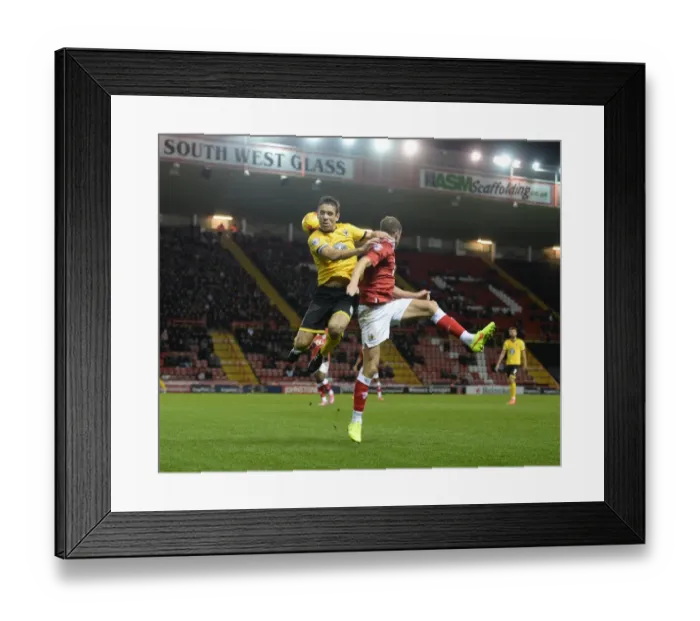 Framed Print : Aerial Battle: Bennett Overpowers Wilbraham in Johnstone's Paint Trophy Clash Framed Print : Aerial Battle: Bennett Overpowers Wilbraham in Johnstone's Paint Trophy Clash