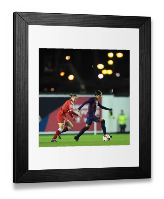 Framed Print : Bristol Academy's Loren Dykes Chases FC Barcelona's Marta Corredera in Women's Champions League Match at Ashton Gate Framed Print : Bristol Academy's Loren Dykes Chases FC Barcelona's Marta Corredera in Women's Champions League Match at Ashton Gate
