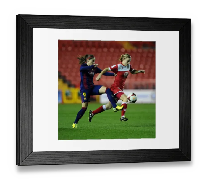 Framed Print : Battle for Possession: Grace McCatty vs. Maria Victoria Losada - Women's Champions League: Bristol Academy FC vs. FC Barcelona