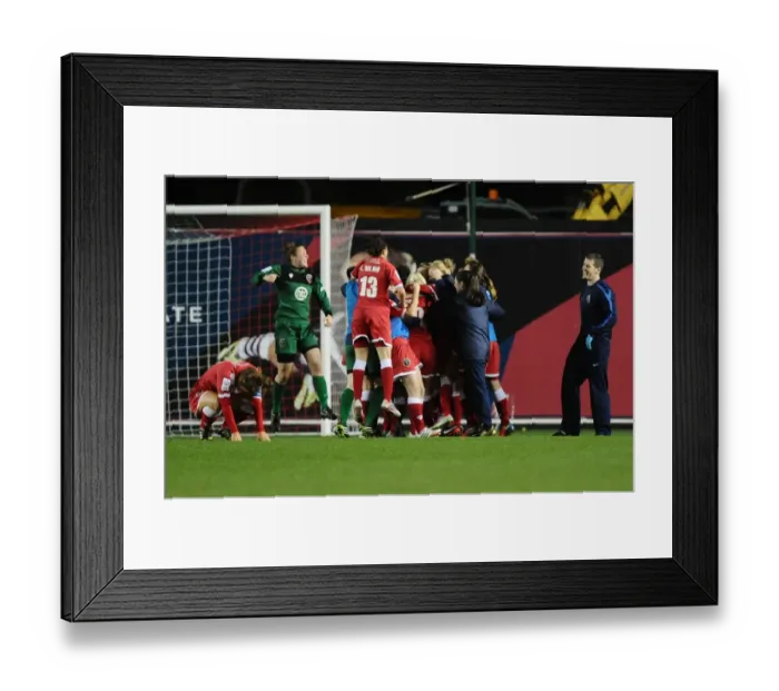 Framed Print : Bristol Academy Women Celebrate Victory Over FC Barcelona in Champions League Match