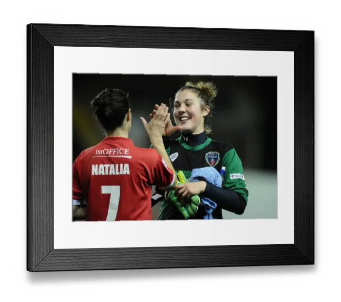 Framed Print : Bristol Academy Women's FC Shock FC Barcelona: Mary Earps and Natalia Pablos Sanchon's Triumphant Celebration in Champions League Framed Print : Bristol Academy Women's FC Shock FC Barcelona: Mary Earps and Natalia Pablos Sanchon's Triumphant Celebration in Champions League