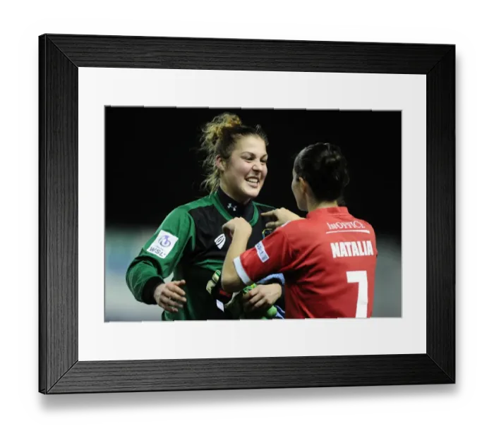 Framed Print : Euphoric Victory: Mary Earps and Natalia Pablos Sanchon of Bristol Academy Women's FC Celebrate Against FC Barcelona