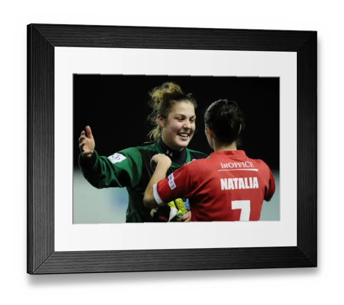 Framed Print : Bristol Academy Women's FC Shocks FC Barcelona: Euphoric Victory Celebration by Mary Earps and Natalia Pablos Sanchon