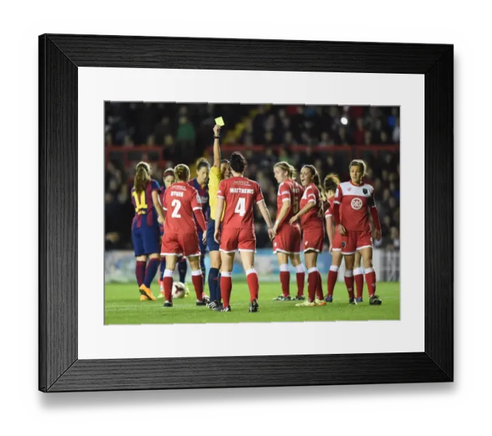 Framed Print : Bristol Academy's Jasmine Matthews Receives Yellow Card vs. FC Barcelona in UEFA Women's Champions League Framed Print : Bristol Academy's Jasmine Matthews Receives Yellow Card vs. FC Barcelona in UEFA Women's Champions League