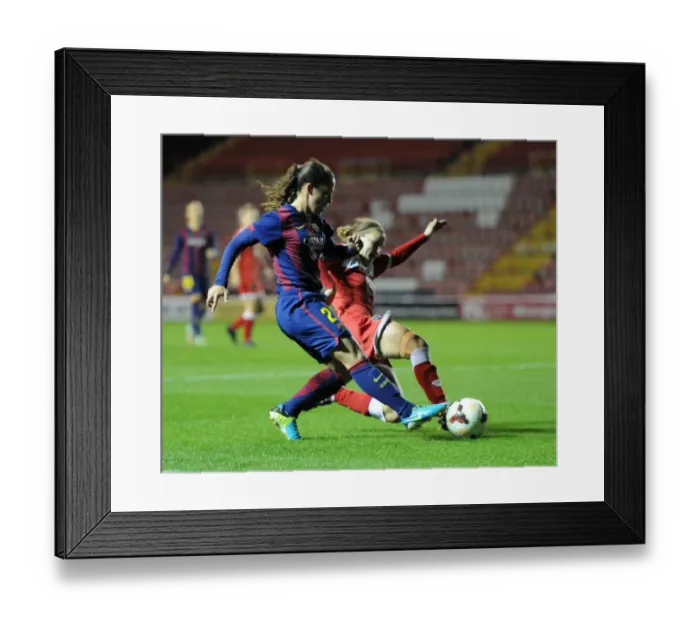 Framed Print : Bristol Academy's Loren Dykes Intercepts FC Barcelona's Nuria Garrote in UEFA Women's Champions League Clash at Ashton Gate Stadium