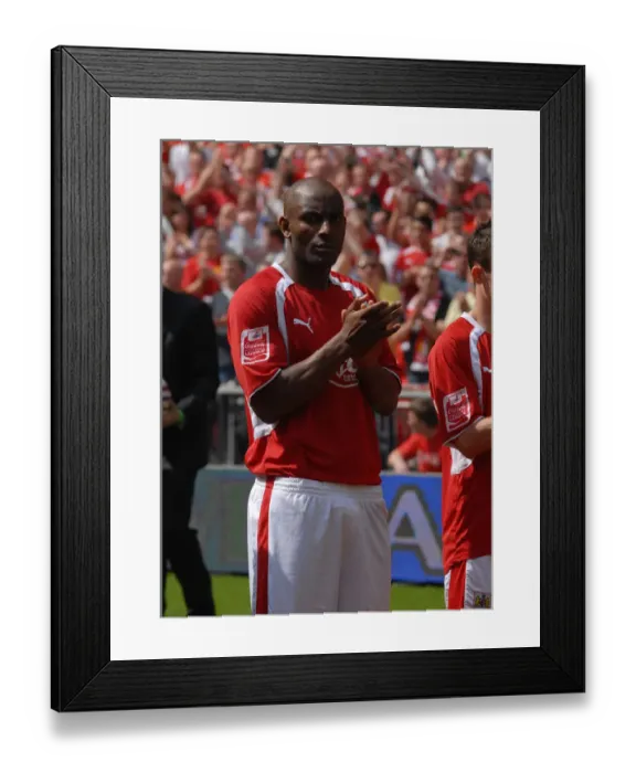 Framed Print : Bristol City FC's Dele Adebola: Celebrating Promotion to Championship after Play-Off Final Triumph Framed Print : Bristol City FC's Dele Adebola: Celebrating Promotion to Championship after Play-Off Final Triumph
