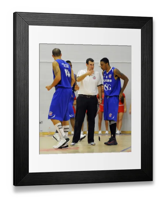 Framed Print : Bristol Flyers Basketball: Head Coach Andreas Kapoulas Consults with Doug Herring During Game Against Plymouth Raiders
