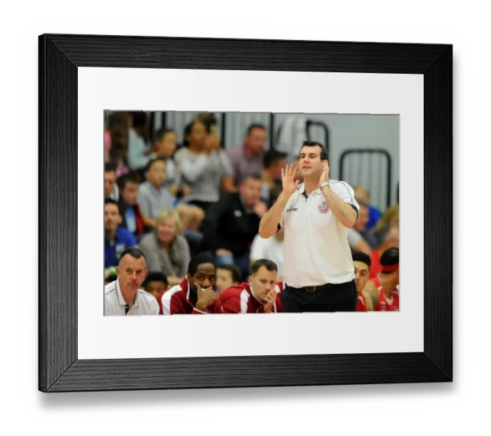 Framed Print : Bristol Flyers Coach Andreas Kapoulas Leads Team in British Basketball Cup Match against Plymouth Raiders