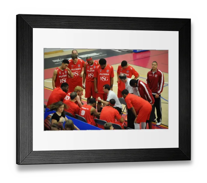 Framed Print : Bristol Flyers Head Coach Andreas Kapoulas Delivers Team Talk During Basketball Match vs. Durham Wildcats