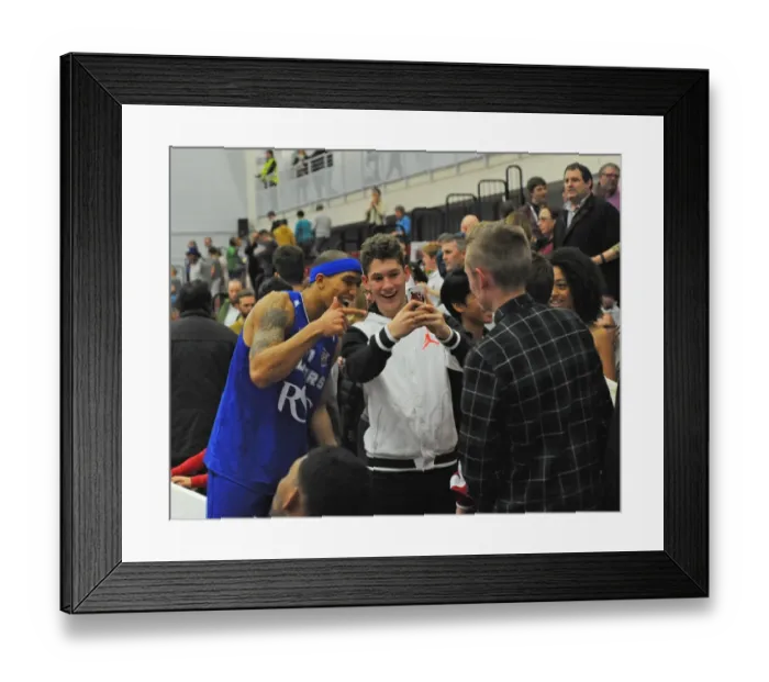 Framed Print : Bristol Flyers Greg Streete and Fan Share a Selfie Moment during Bristol Flyers vs. Sheffield Sharks Basketball Game