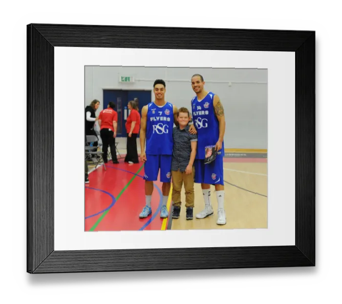 Framed Print : Bristol Flyers Roy and Doug McLaughlin-Williams with a Fan during Basketball Match against Sheffield Sharks Framed Print : Bristol Flyers Roy and Doug McLaughlin-Williams with a Fan during Basketball Match against Sheffield Sharks