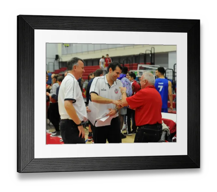 Framed Print : Bristol Flyers Coach Kapoulas Leads Team Against Sheffield Sharks in Basketball Clash