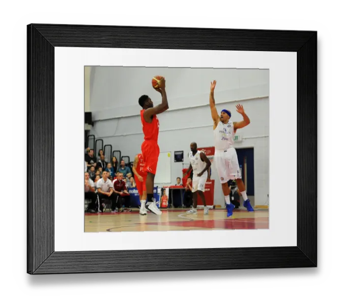 Framed Print : Bristol Flyers Alif Bland Takes Aim: Intense Basketball Action - Flyers vs Cheshire Phoenix Framed Print : Bristol Flyers Alif Bland Takes Aim: Intense Basketball Action - Flyers vs Cheshire Phoenix