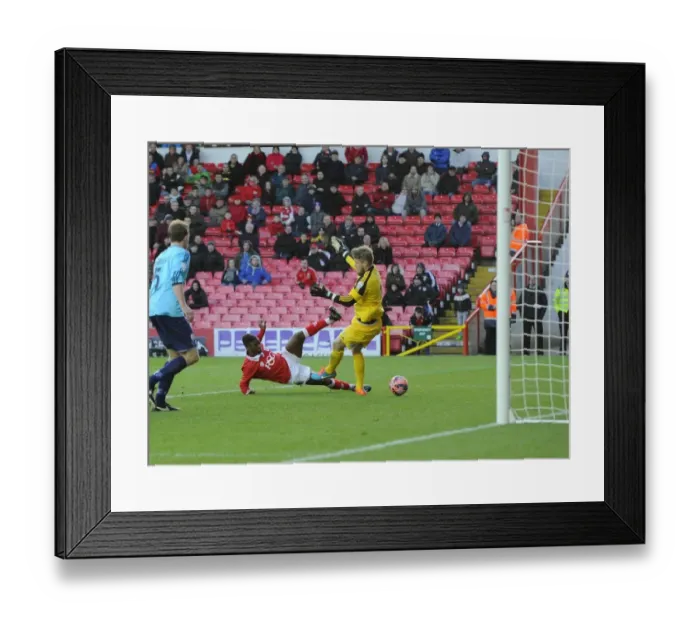 Framed Print : Bristol City's Kieran Agard Narrowly Misses Goal Against AFC Telford in FA Cup Match Framed Print : Bristol City's Kieran Agard Narrowly Misses Goal Against AFC Telford in FA Cup Match