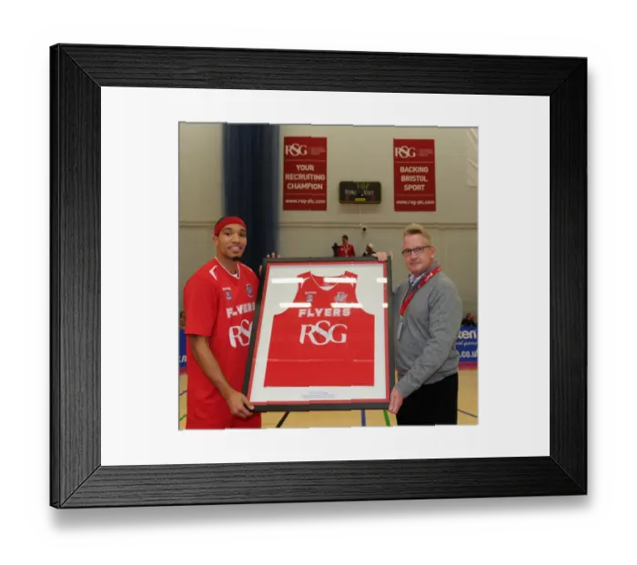 Framed Print : Bristol Flyers Greg Streete Presents Shirt to Opponents Surrey United - Basketball Action, 2014