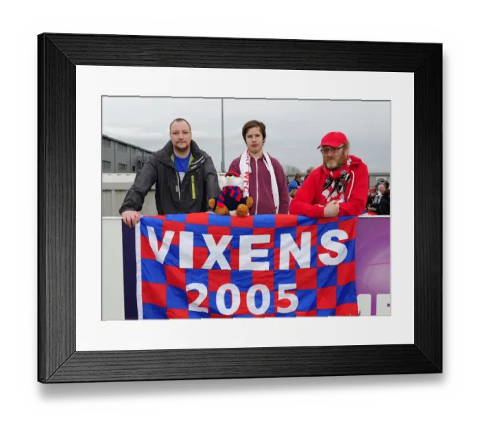 Framed Print : Bristol City FC Fans with Vixens Flag at Gifford Stadium during BAWFC vs Chelsea Ladies FA WSL Match