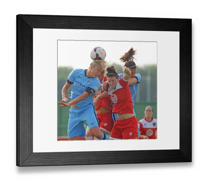 Framed Print : Bristol City FC: Jasmine Matthews Fights for Possession in Mid-Air during BAWFC vs Man City Ladies Match, September 2014 Framed Print : Bristol City FC: Jasmine Matthews Fights for Possession in Mid-Air during BAWFC vs Man City Ladies Match, September 2014