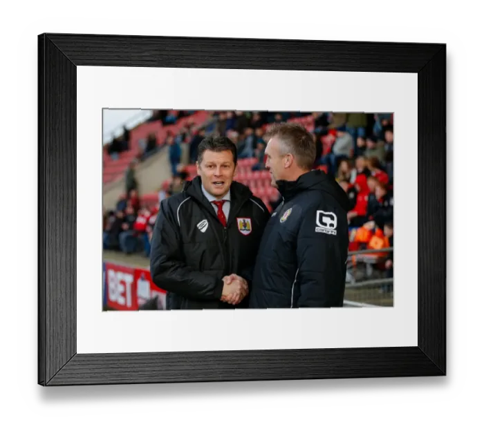 Framed Print : Steve Cotterill and Steve Davis Greet Each Other Before Crewe Alexandra vs. Bristol City, 2014