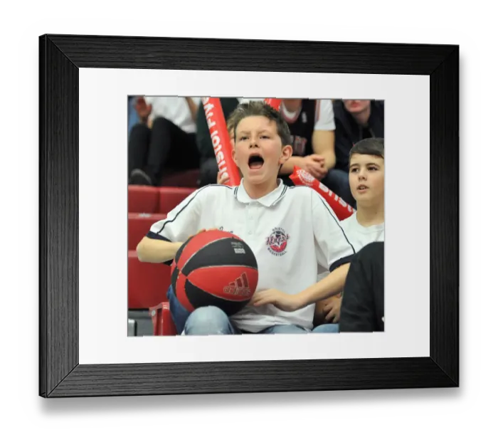 Framed Print : Bristol Flyers Fan's Passionate View: BBL Cup Semi-Final Showdown at SGS Wise Campus - Bristol Flyers vs. Glasgow Rocks