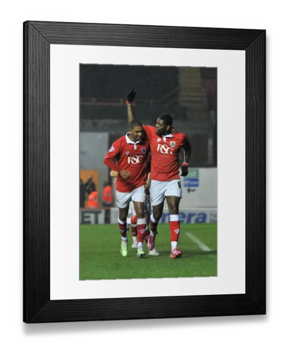 Framed Print : Bristol City: Emmanuel-Thomas and Little Celebrate Goal Against Yeovil Town, Sky Bet League One (December 2014) Framed Print : Bristol City: Emmanuel-Thomas and Little Celebrate Goal Against Yeovil Town, Sky Bet League One (December 2014)