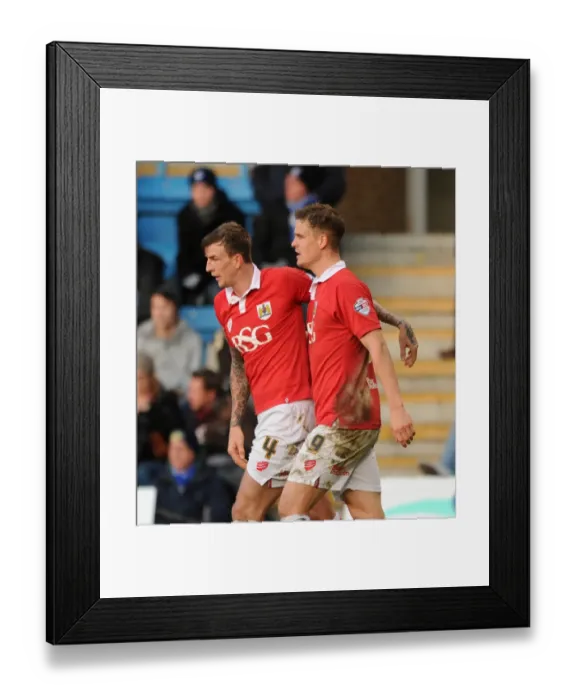 Framed Print : Bristol City's Matt Smith and Aden Flint Celebrate Goal vs. Gillingham (December 2014) Framed Print : Bristol City's Matt Smith and Aden Flint Celebrate Goal vs. Gillingham (December 2014)