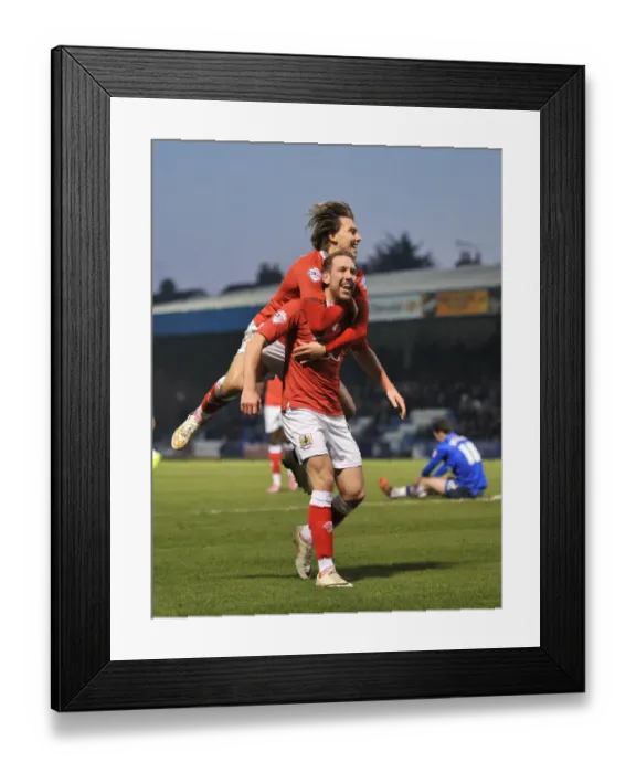 Framed Print : Bristol City Celebrate: Wagstaff and Freeman's Goal Blitz at Priestfield Stadium (Gillingham v Bristol City, Sky Bet League One)