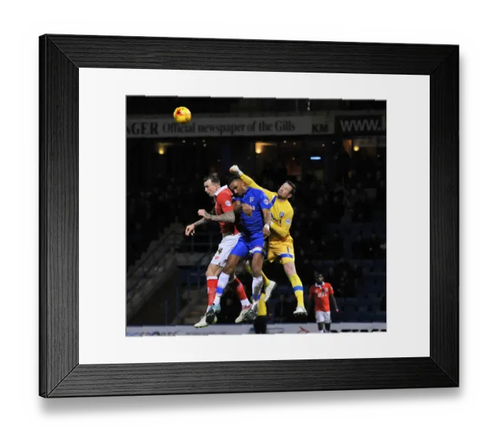 Framed Print : Aden Flint Battles for the Header: Gillingham vs. Bristol City, Johnstone's Paint Trophy Area Final