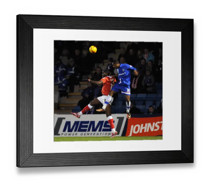 Framed Print : Intense Header Battle: Jay Emmanuel-Thomas vs Gavin Hoyte, Johnstone's Paint Trophy Area Final, Priestfield Stadium