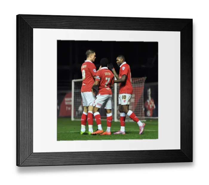Framed Print : Celebration: Jay Emmanuel-Thomas, Matt Smith, and Korey Smith of Bristol City after scoring against Doncaster Rovers in FA Cup Third Round Replay at Ashton Gate Stadium (13 / 01 / 2015) Framed Print : Celebration: Jay Emmanuel-Thomas, Matt Smith, and Korey Smith of Bristol City after scoring against Doncaster Rovers in FA Cup Third Round Replay at Ashton Gate Stadium (13 / 01 / 2015)