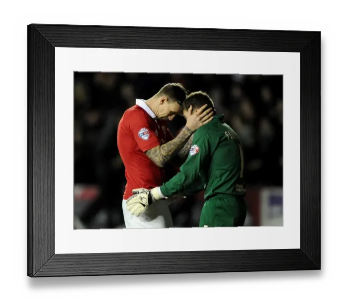 Framed Print : Bristol City Footballers Aden Flint and Frank Fielding Embrace Before FA Cup Kickoff at Ashton Gate Stadium